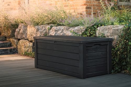 Keter Outdoor Storage Deck Box, 150 Gallon Resin Patio Bin & Bench, Wood Grain, Brown