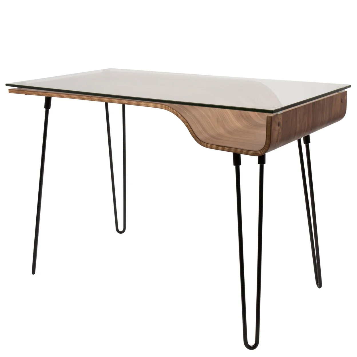 Indoor Home Office Furniture Avery Mid-Century Modern Desk In Walnut Wood, Clear Glass, And Black Metal