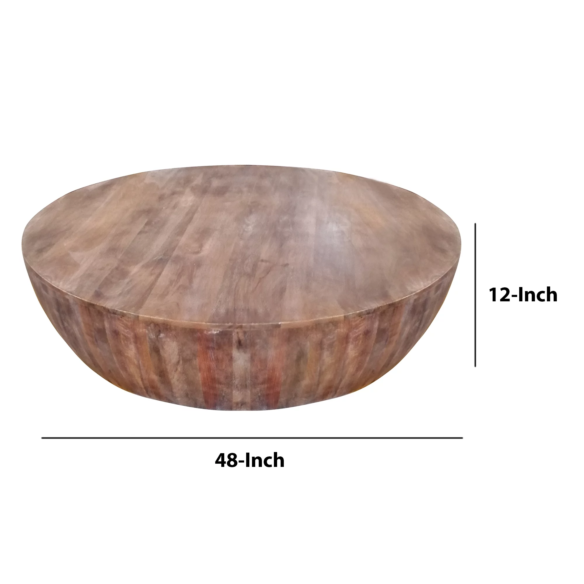 Handcarved Drum Shape Round Top Mango Wood Distressed Wooden Coffee Table, Brown- Saltoro Sherpi