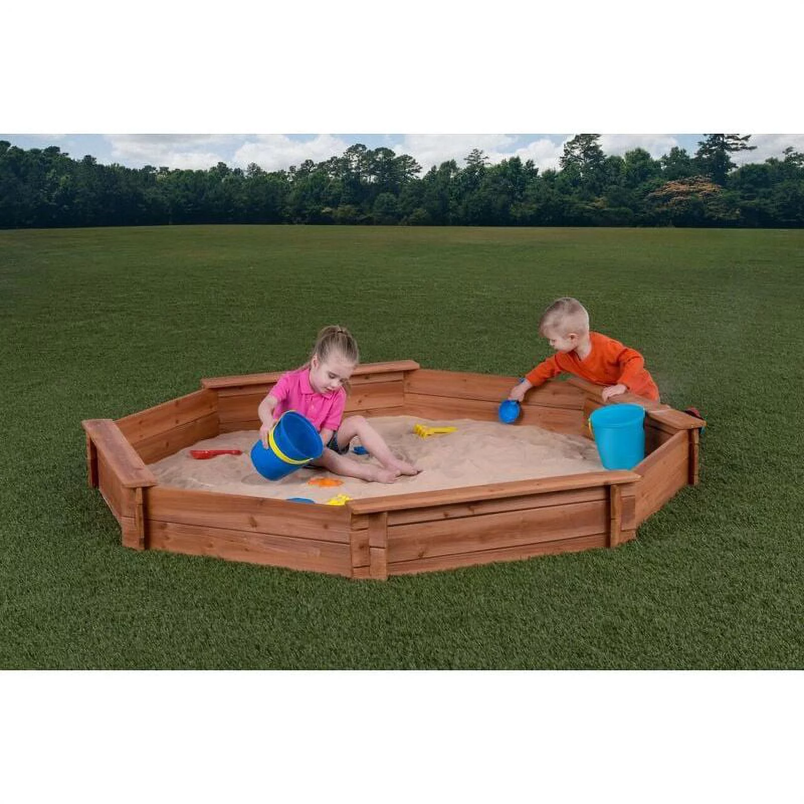 Octagon Wooden Cedar Sand Box W Seat Boards | Eco-Friendly Cover & Ground Liner | 84" X 78" x 9" | Easy DIY Assembly | Holds 800+ lbs of Sand |