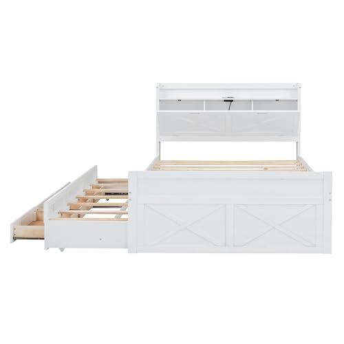 Harper & Bright Designs Twin Size Captain Platform Bed with Bookcase Headboard, Wood Twin Bed Frame with Storage Drawers and Shelves