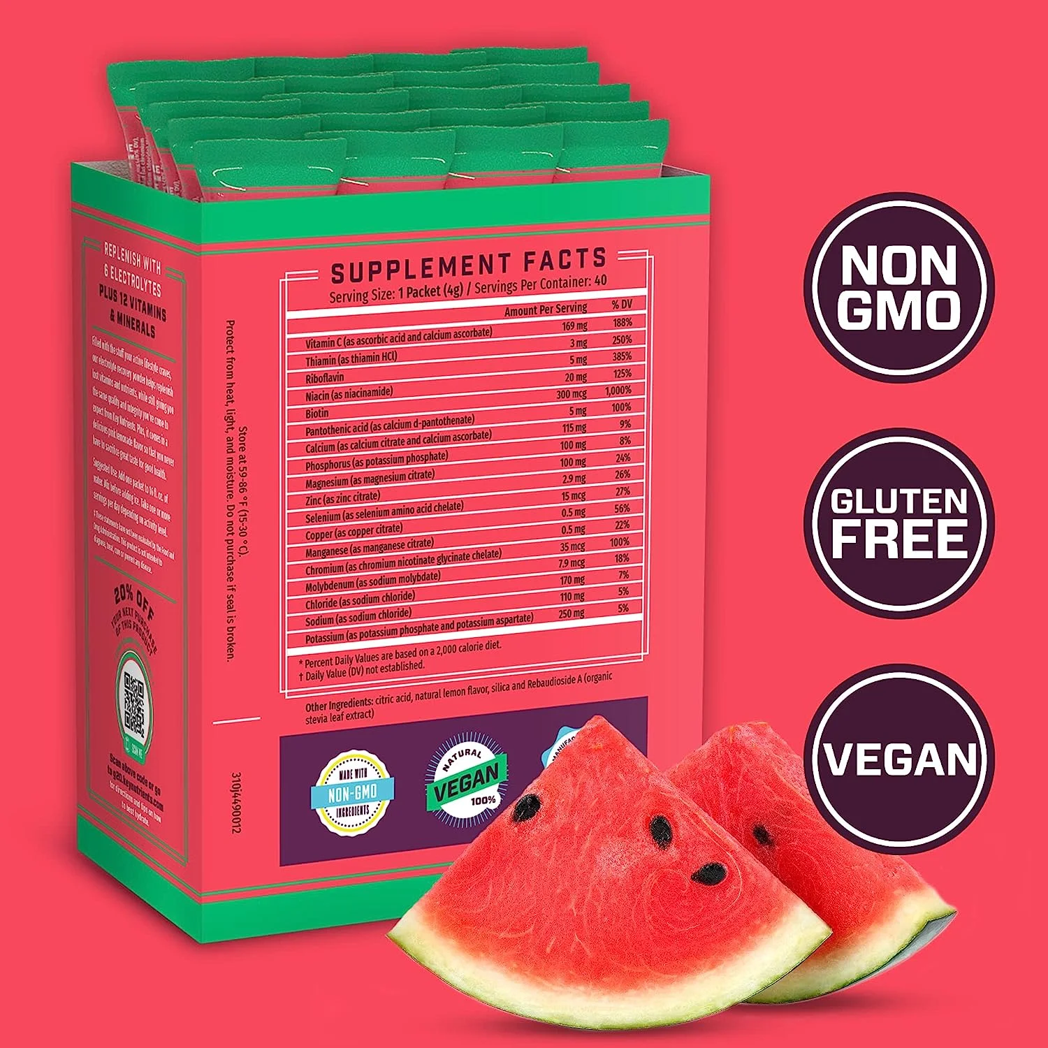 KEY NUTRIENTS Electrolytes Powder Packets - Refreshing Watermelon 40 Pack Hydration Packets - Travel Hydration Powder - No Sugar, No Calories
