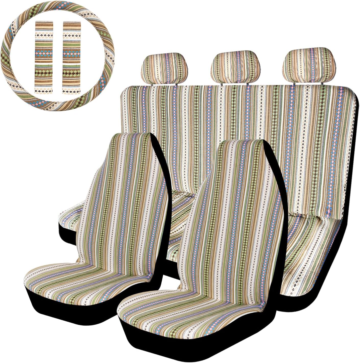 Copap Car Seat Covers Beige Baja Blanket Woven Seat Cover Boho Ethnic Tribal Style Fit for Sedan Cars & Vans with 15 Steering Wheel Cover