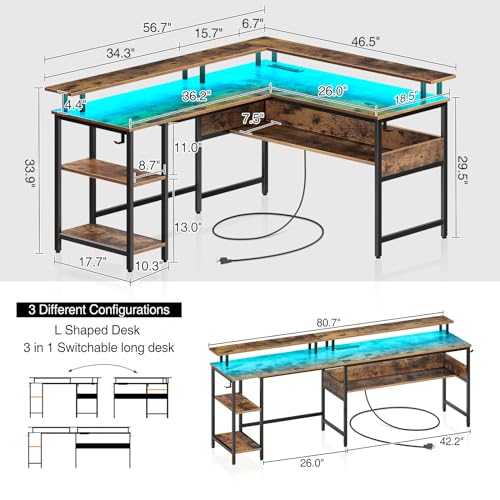 Rolanstar Computer Desk 56.7" with LED Lights and Power Outlets, Carbon Fiber Surface, Reversible L Shaped Gaming Desk with Monitor Stand