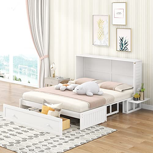 Queen Size Murphy Bed Wall Beds with Storage Shelves,Hide Away Bed Frame Easily Folds into Wood Cabinet,W/Mattress Holder,for Small Space,Guest Room