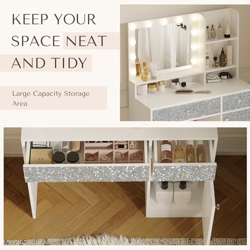 Vanity Desk with Mirror and Lights, Diamond Edition Vanity Desk, Makeup Vanity Table with 3 Drawers & 5 Open Shelves