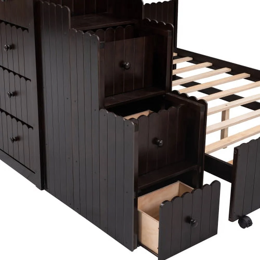 CHURANTY Wood Twin Over Full Loft Bed Stairway House Bed with Stairs and Drawers
