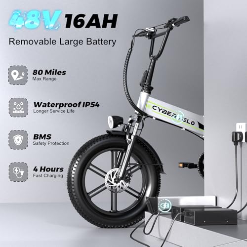 1000W Folding Electric Bike, 48V Large Removable Battery E Bike, 30+MPH, 80 Miles Max Range, 20" Fat Tire Electric Bike for Adults