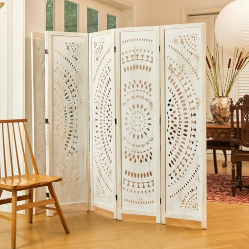 66.9Inch Folding Room Divider, 6 Panels Wood Carved Privacy Screens