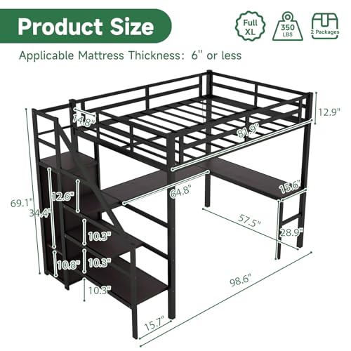 Queen Size Metal Loft Bed with L Shaped Desk and Wardrobe, Heavy Duty Loft Bed Frame with Storage Stairs, High Loft Bed Frame with LED
