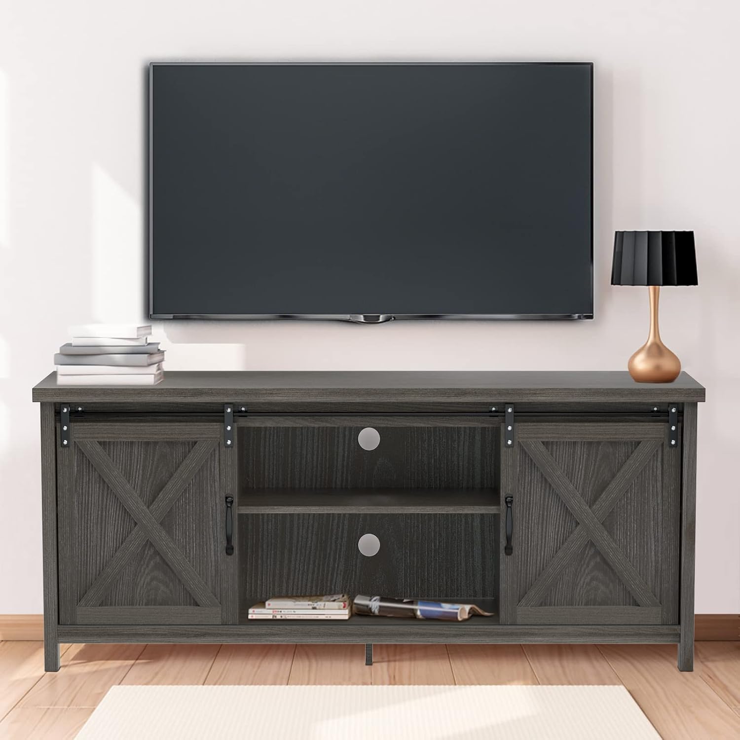 GAZHOME Farmhouse TV Stand with Sliding Barn Doors,Modern Media Entertainment Center Console Table for TVs up to 75”,2-Tier Large Storage Cabinets