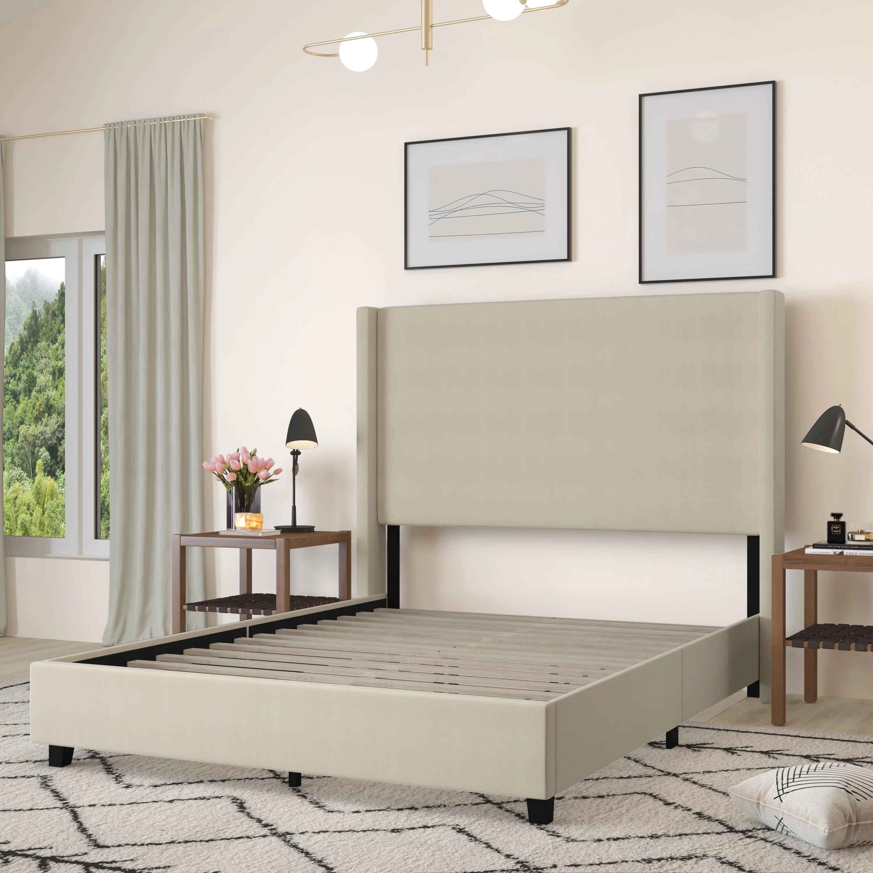 Merrick Lane Modern Queen Size Platform Bed Frame with Padded Faux Linen Upholstered Wingback Headboard and Wood Support Slats in Beige