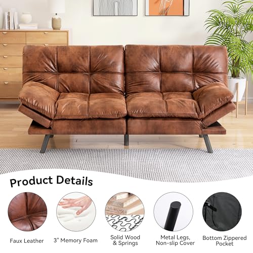 Faux Leather Futon Sofa Bed,Convertible Futon Couch,Memory Foam Loveseat Sleeper Sofa,Small Splitback Modern Folding Couch for Living Room,Office
