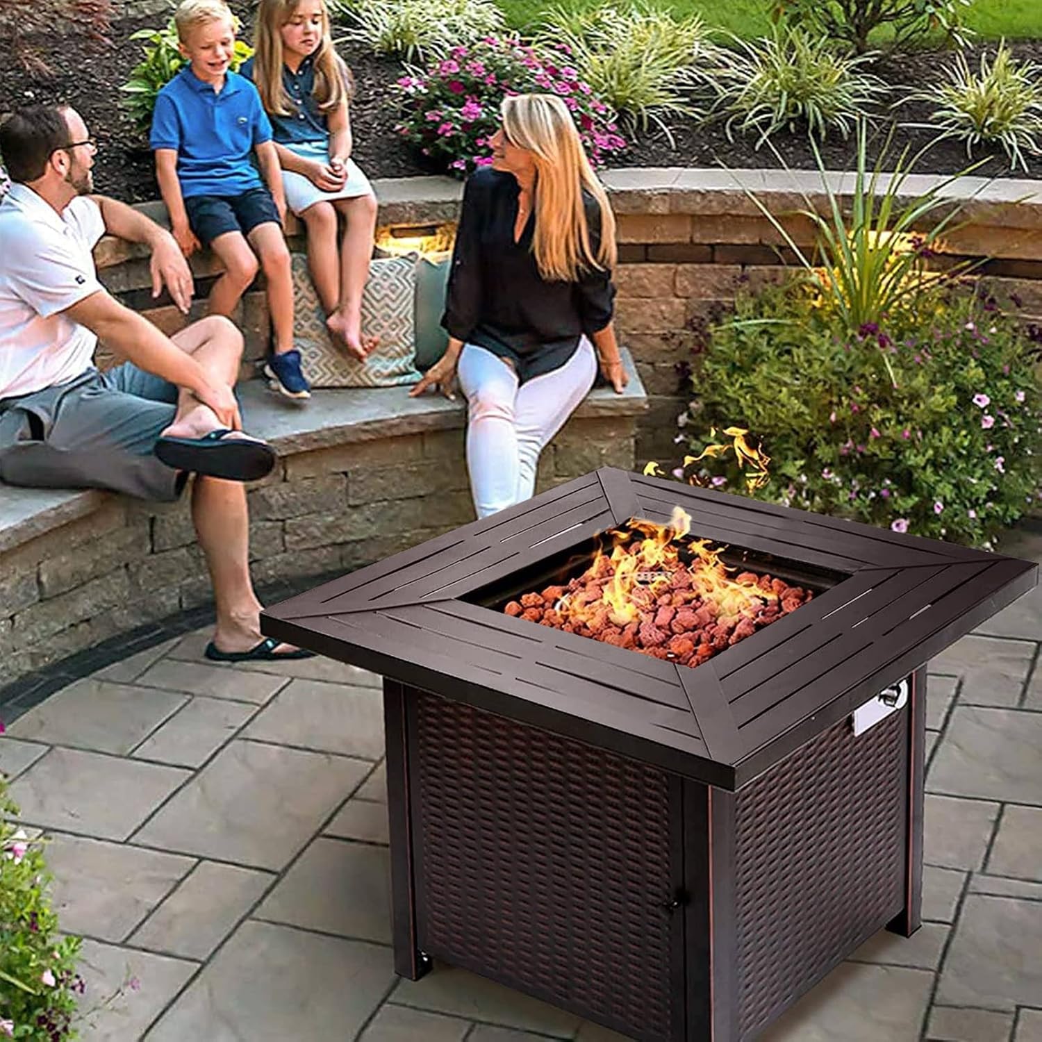 GAOAG Propane Fire Pit Table, 28 Gas Fire Pit,50,000 BTU Auto-Ignition,Outdoor Rattan Square Fire Table with Lid,ETL Certification Summer Table