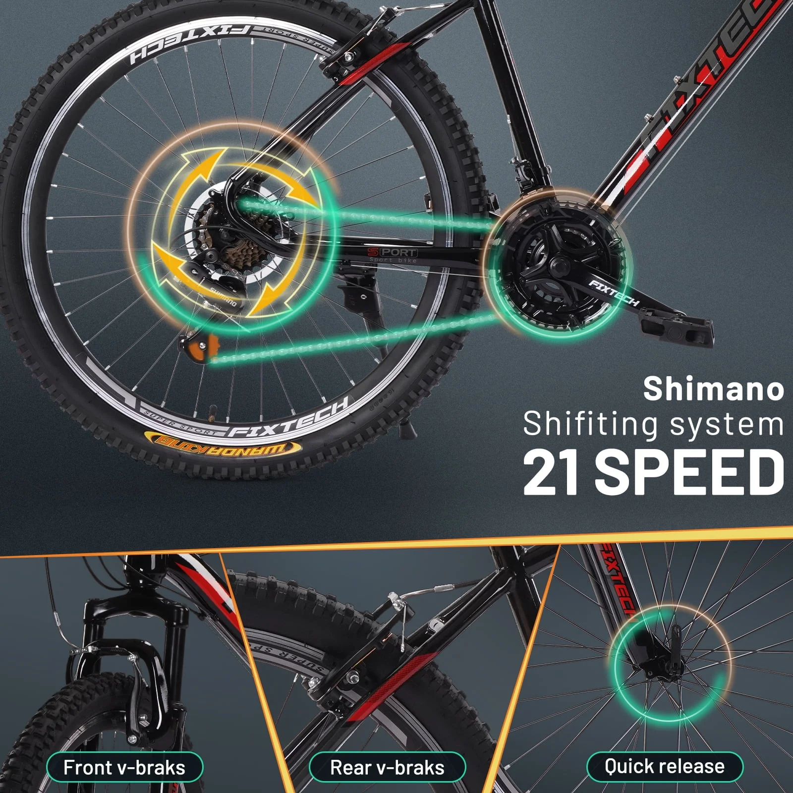 FIXTECH 26'' Mountain Bike, Shimano 21 Speed MTB Bicycle for Adults, Black