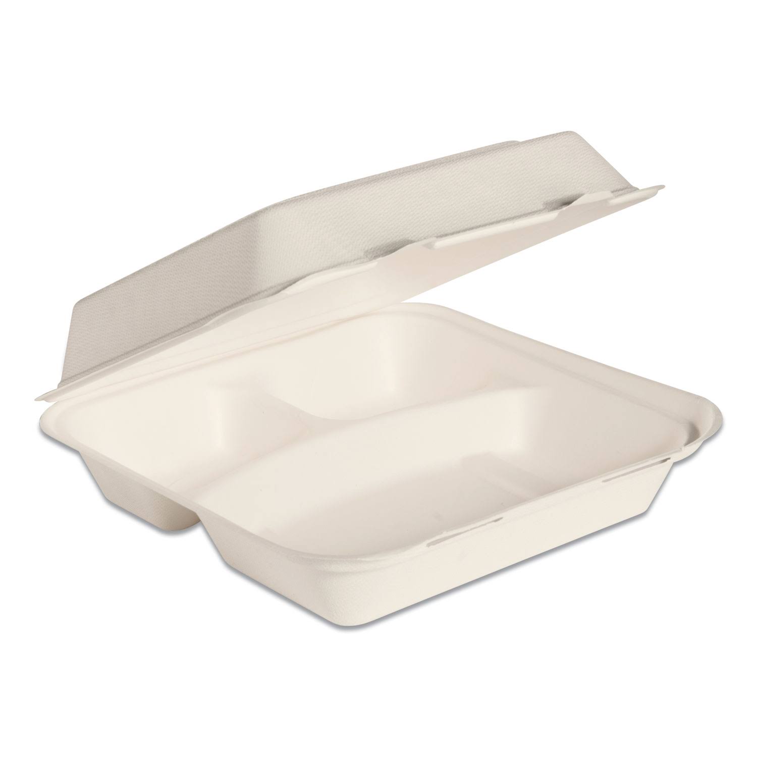 Bare by Solo Eco-Forward Bagasse Hinged Lid Containers, 3-compartment, 9.6 x 9.4 x 3.2, Ivory, 200-carton