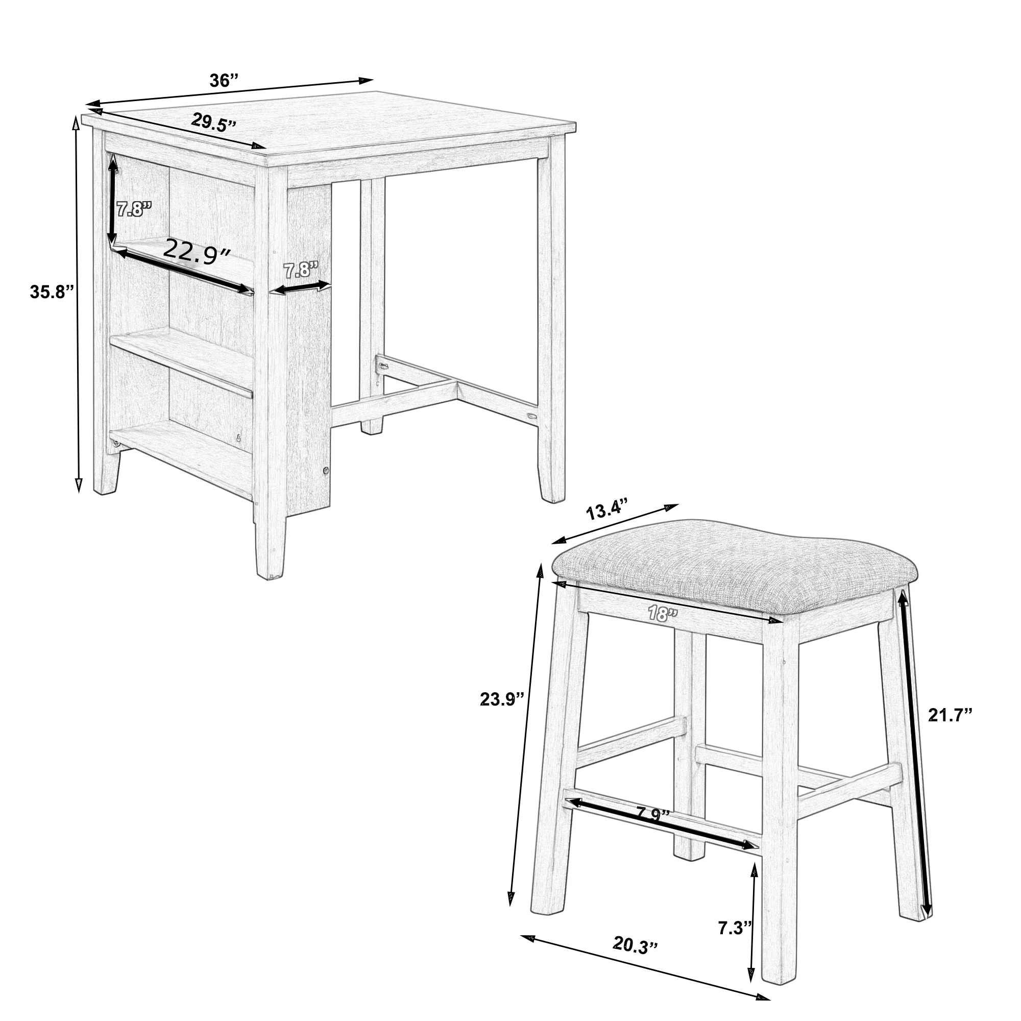 Churanty 3 Piece Wood Dining Table Set for 2,Kitchen Table with Storage Shelf and 2 Padded Counter Height Dining Chairs for Small Place, Gray