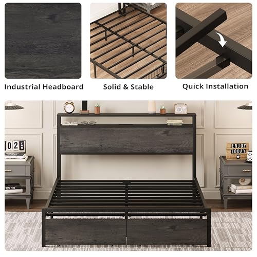 LIKIMIO King Bed Frame with Storage Headboard, Platform Bed with Drawers and Charging Station, No Box Spring Needed, Easy Assembly, Vintage Brown