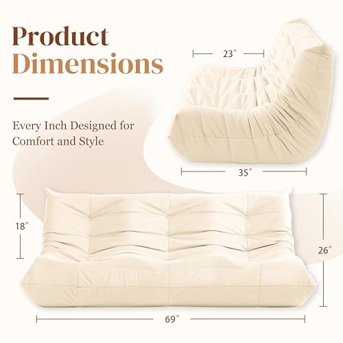 Bean Bag Chair for Adults - Suede & Microfiber Fireside Floor Chair, Comfortable Corner Lounge Sofa for Living Room, Bedroom, Office (3-Seater, Beige)