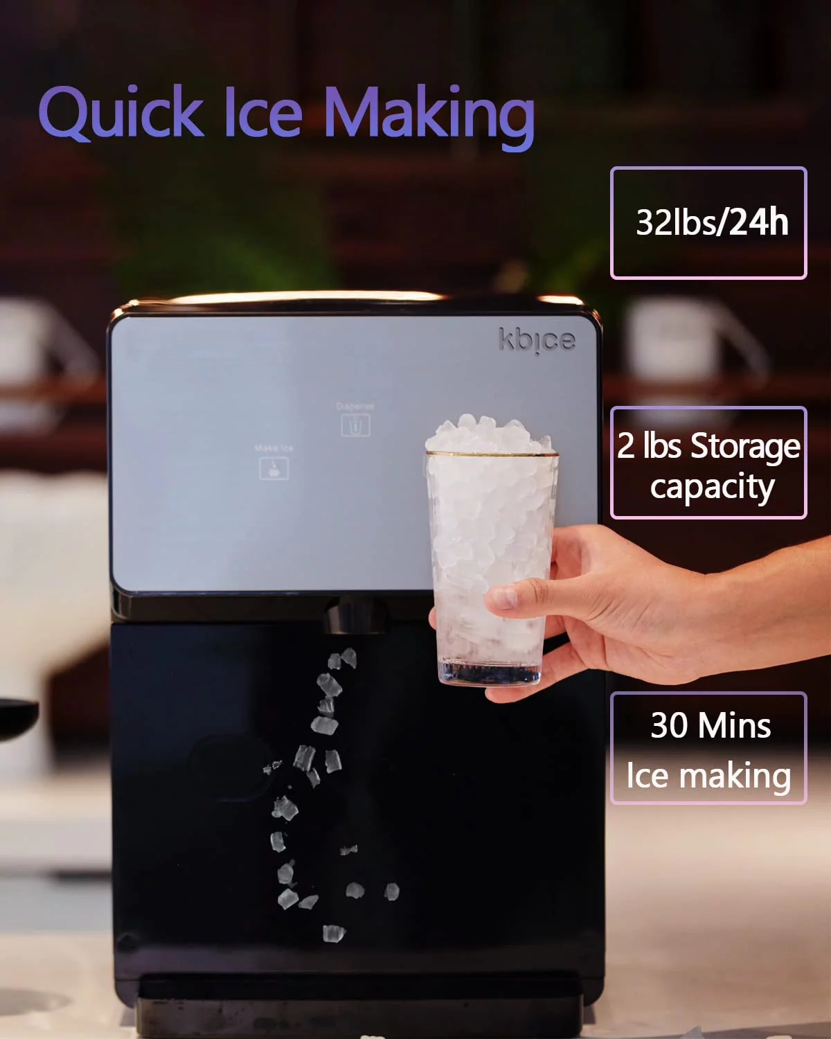 KBICE 2.0 Self Dispensing Countertop Nugget Ice Maker, Crunchy Pebble Ice Maker, Sonic Ice Maker, Produces Max 32 lbs of Nugget Ice per Day