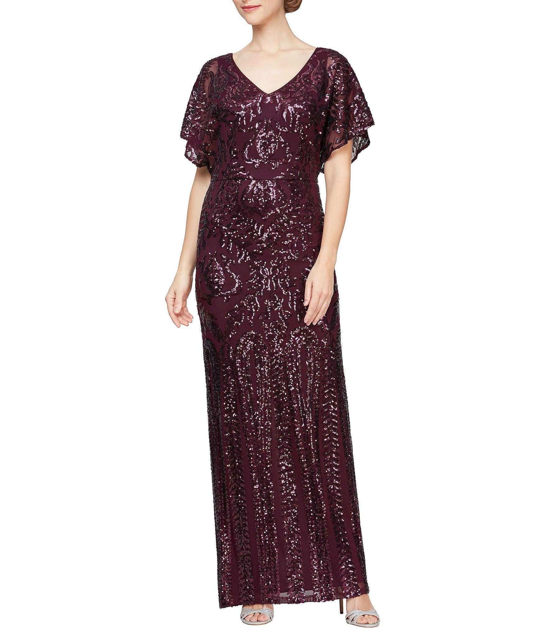 Alex Evenings Sequin Flutter Sleeve Back Slit V-Neck Long Gown - 10