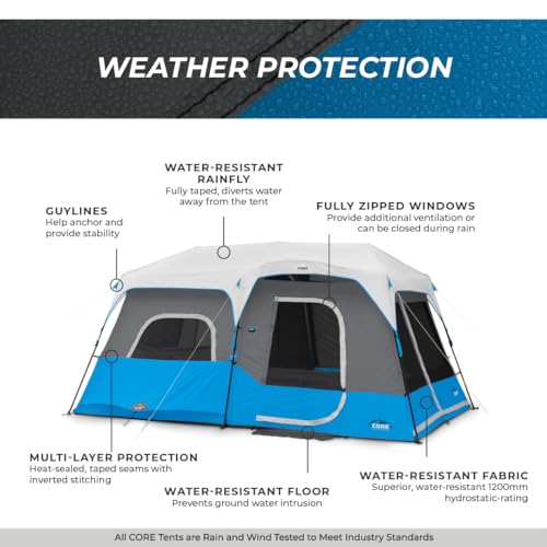 CORE Instant Cabin Tents with LED Lights | 6 Person / 9 Person / 12 Person Family Multi Room Lighted Pop Up Tents for Camping | Included Storage