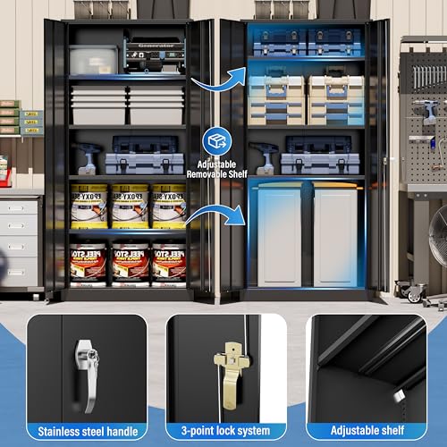 Greenvelly Metal Storage Cabinet, 72" Black Locking Storage Cabinets with Doors and 4 Shelves, Metal Cabinet for Garage Home Office, Classroom