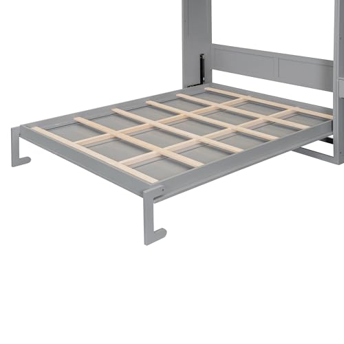 Polibi Full Size Wall Murphy Bed with Built-in Desk & Shelves - Multi-Functional Wall Bed for Small Apartments, 3 Storage Cabinets