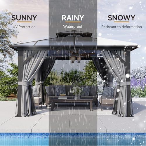 Aoxun 12'x16' Hardtop Gazebo, Aluminum Frame Permanent Pavilion with Netting and Curtains, Outdoor Polycarbonate Double Roof Canopy