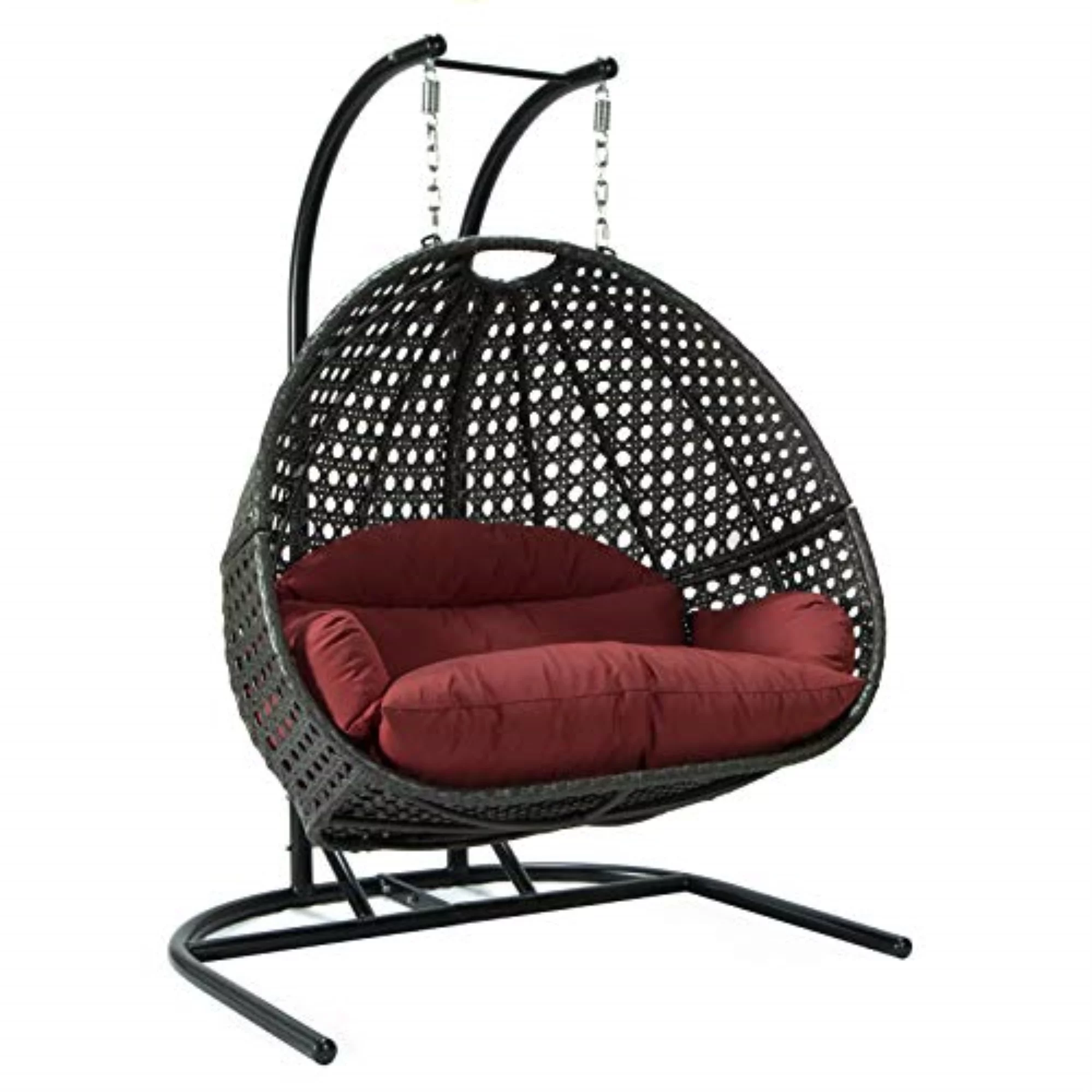LeisureMod Modern Charcoal Wicker Double 2-Person Hanging Egg Swing Chair in Dark Red - Radiant Selections