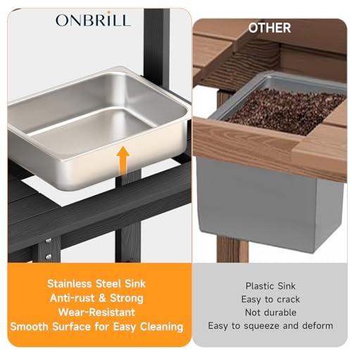 Potting Bench, Outdoor Potting Bench Table with Removable Sink, HDPS Potting Benches for Outside, Garden Table with Storage Shelves & 4 Side Hooks