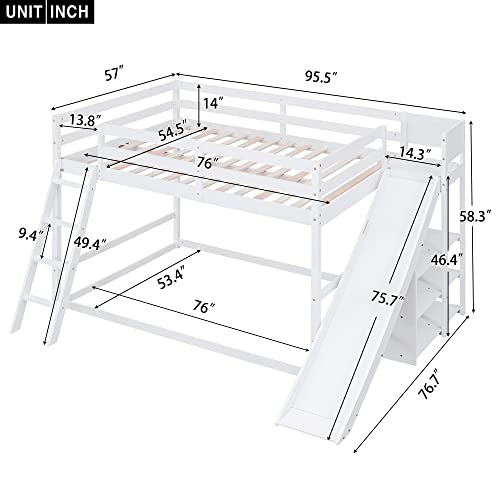 Full-Over-Full Castle Style Bunk Bed with 2 Drawers and 3 Shelves, Wood Bunk Bed Frame with Slide and Storage Staircase for Kids Teens Boys Girls