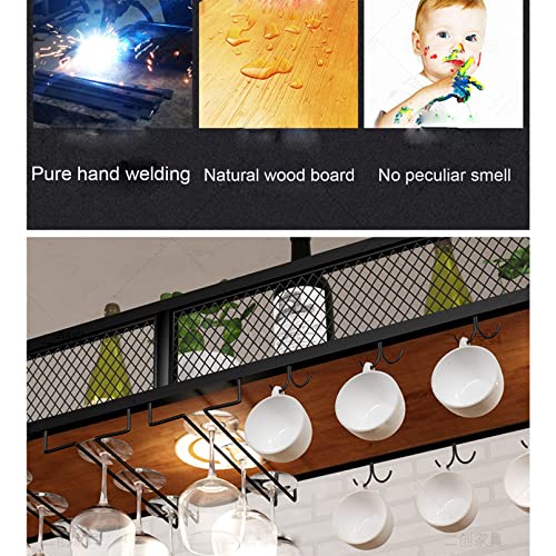 Hanging Wine Rack - Ceiling Wine Bottle Rack, Upside Down Wine Glass Holder, 1-layer Wrought Iron Shelving, Modern Wooden Wall Shelf