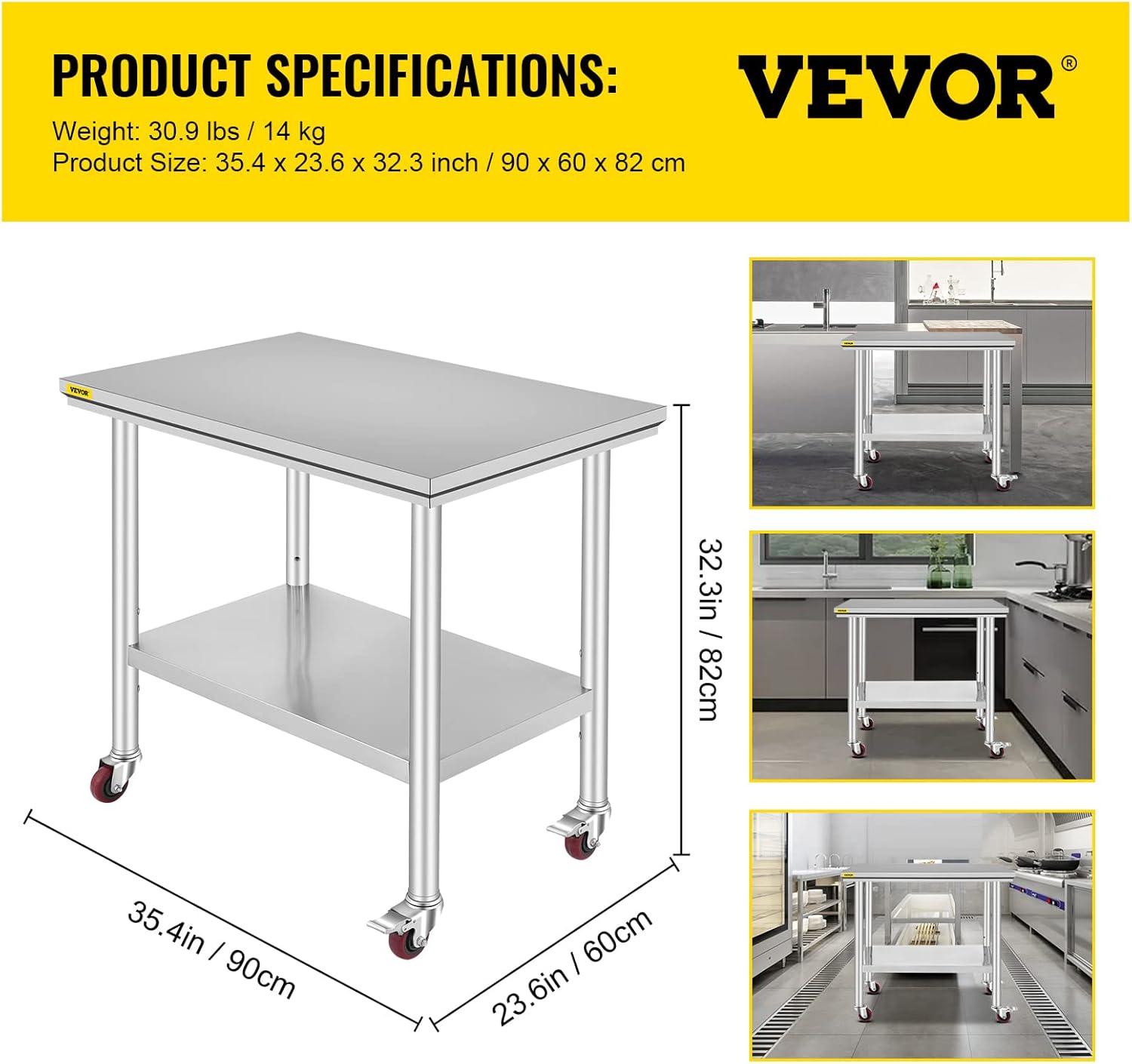 Mophorn Stainless Steel Work Table with Wheels 24 x 30 Prep Table with casters Heavy Duty Work Table for Commercial Kitchen Restaurant Business (24 x