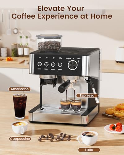 Espresso Machine with Grinder, 20 Bar Expresso Coffee Machines with Milk Frother Steam Wand, Professional Espresso Maker with Removable Water Tank