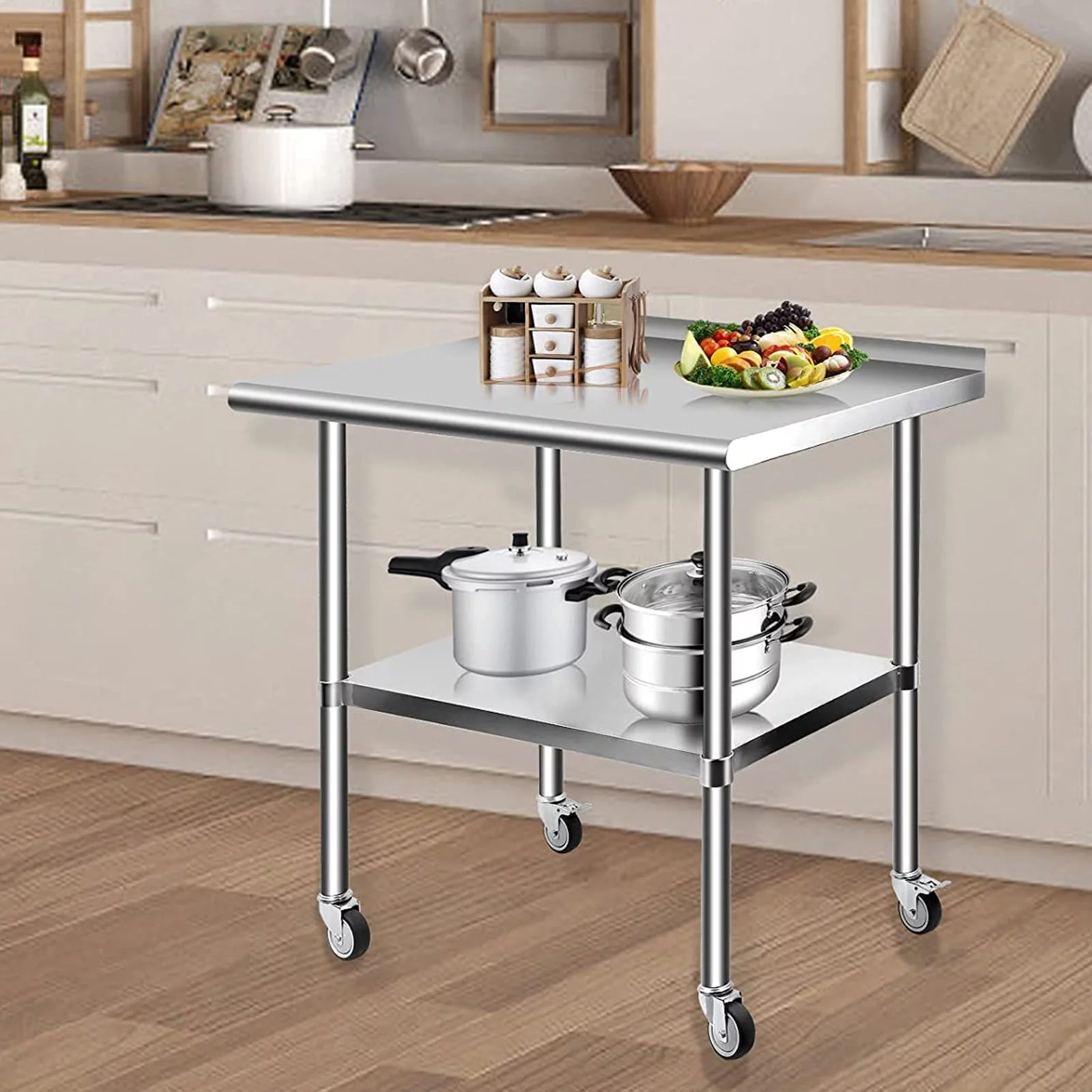 Uyoyous 36" x 24" NSF Stainless Steel Work Table with Backsplash, Commercial Kitchen Prep Table with 4 Casters