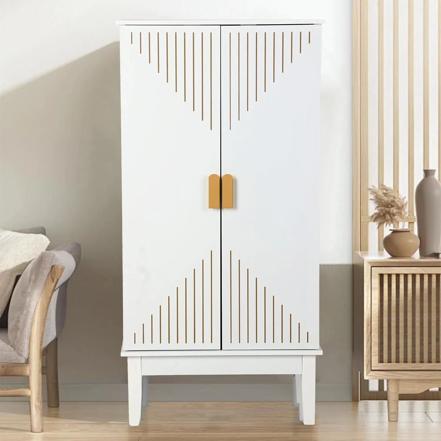 47.2” Kitchen Pantry Cabinet, White Storage Cabinet with Adjustable Shelves, Racks & Gold Handle, Freestanding Kitchen  Cupboard