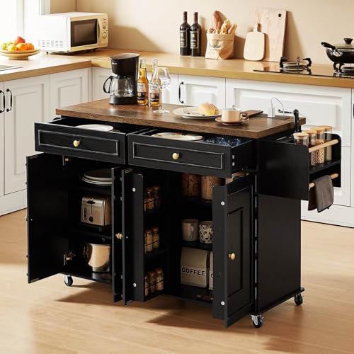 58" Mobile Kitchen Island, Kitchen Island Cart with Power Outlet, Island Table for Kitchen, Home Bar Carts with Storage