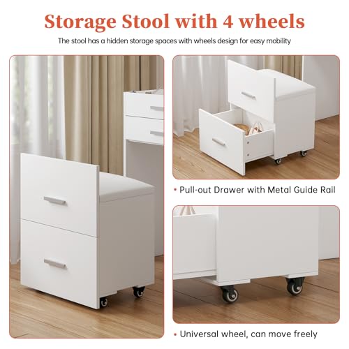 Compact Vanity with 3 Drawers, 3 in 1 Vanity Desk, Makeup Desk with Flip-up 3 Colors Lighting Mirror and Cushioned Stool