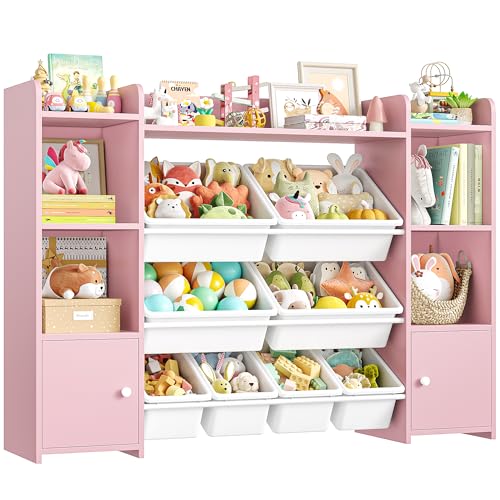 FOTOSOK 55''Large Toy Storage Organizer with 8 Toy Bins, Toy Organizers and Storage with Shelf and 6 Storage Cubbies, Bookshelf for Kids