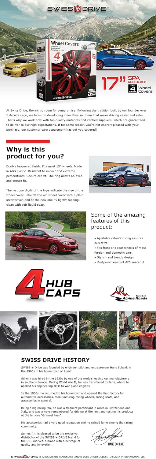 Swiss Drive Hubcaps 16 Set of 4 -Luxurious Red and Black Design – Durable and Reliable