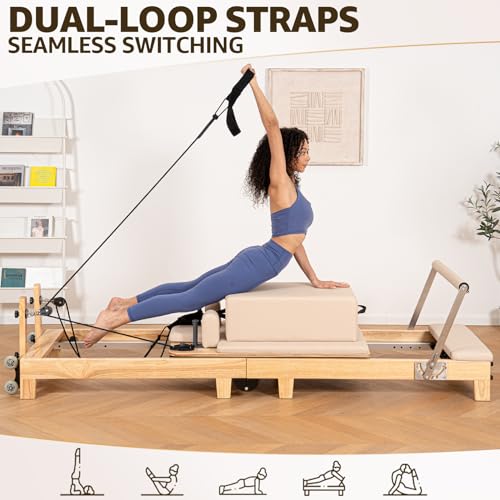 Pilates Reformer Machine, Quick-Assembly Foldable Studio Grade Pilates Equipment for Gym and Home, Oak Wood Pilates Reformer with Reformer Accessories