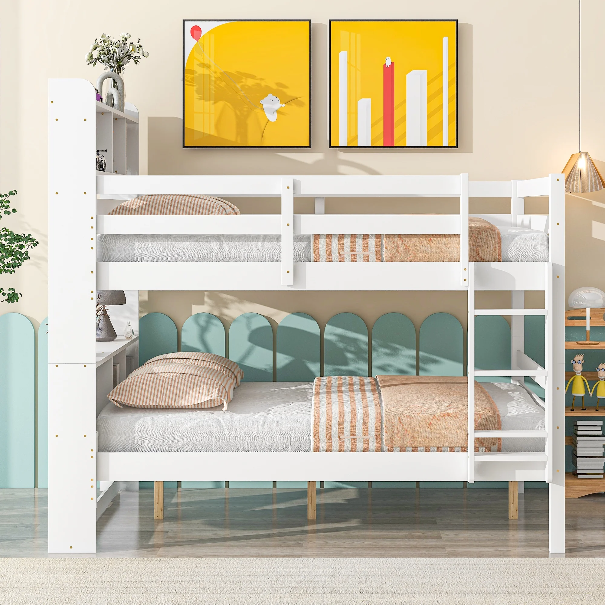 Sanmadrola Full Over Full Bunk Beds with Bookcase Headboard, Solid Wood Bed Frame with Safety Rail and Ladder, Kids/Teens Bedroom