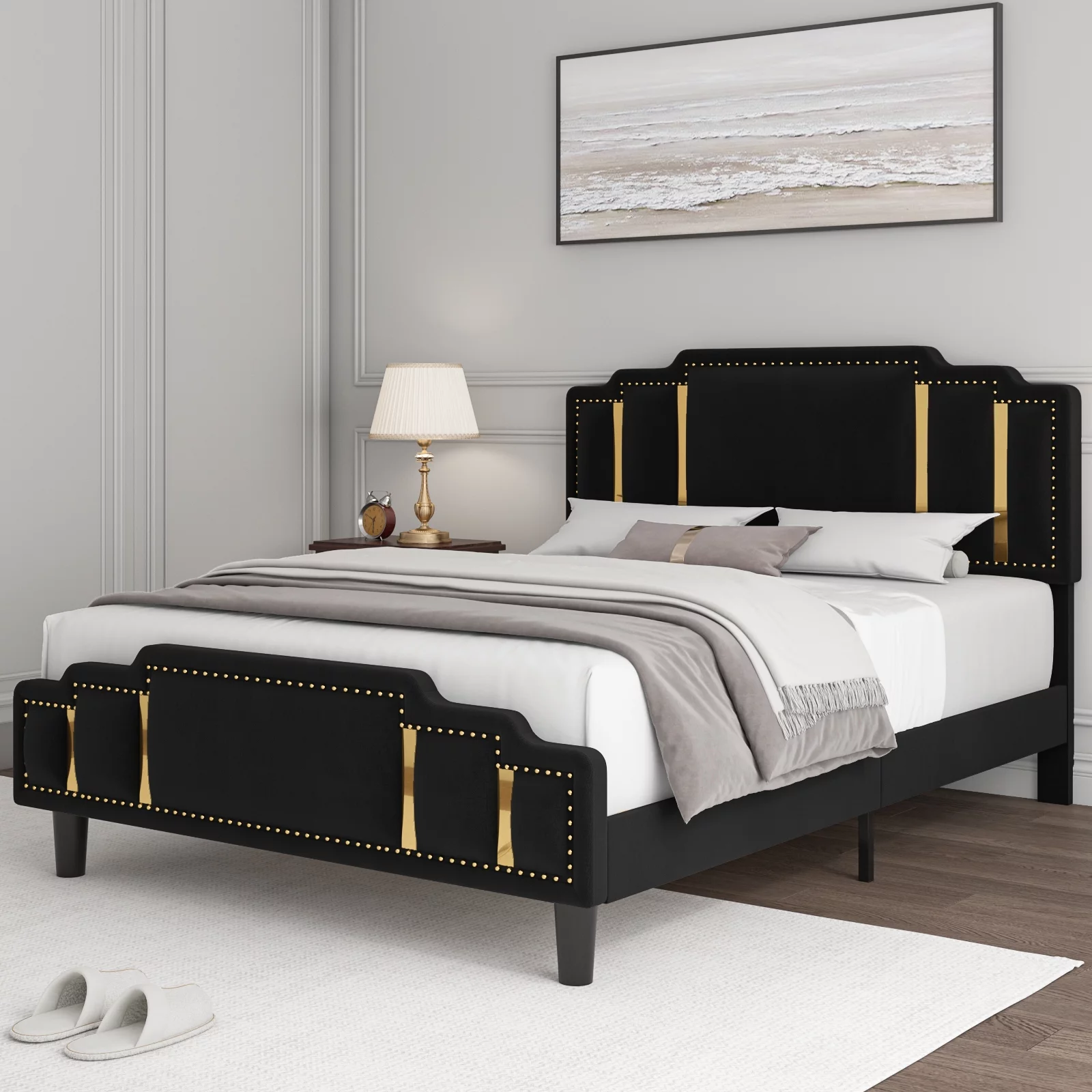 Homfa Queen Bed Frame, Luxury Velvet Upholstered Headboard with Golden Iron Sheet & Rivets, Platform Bed with Adjustable Headboard, Black