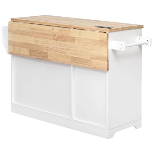 Merax 59.3" Kitchen Island with Storage, 2 Pull Out Cabinet Organizers & Rubber Wood Drop Leaf, Rolling Island Table with Trash Can Storage