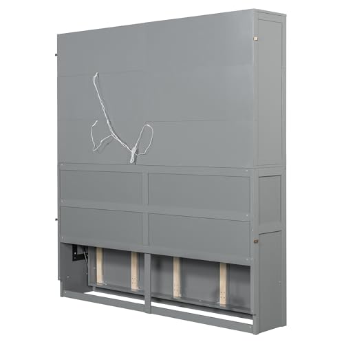 SOFTSEA Twin Size Murphy Bed Frame with Storage Cabinet and Shelves, Foldable Wall Bed with Light & USB for Guest Room, No Box Spring Needed, Gray