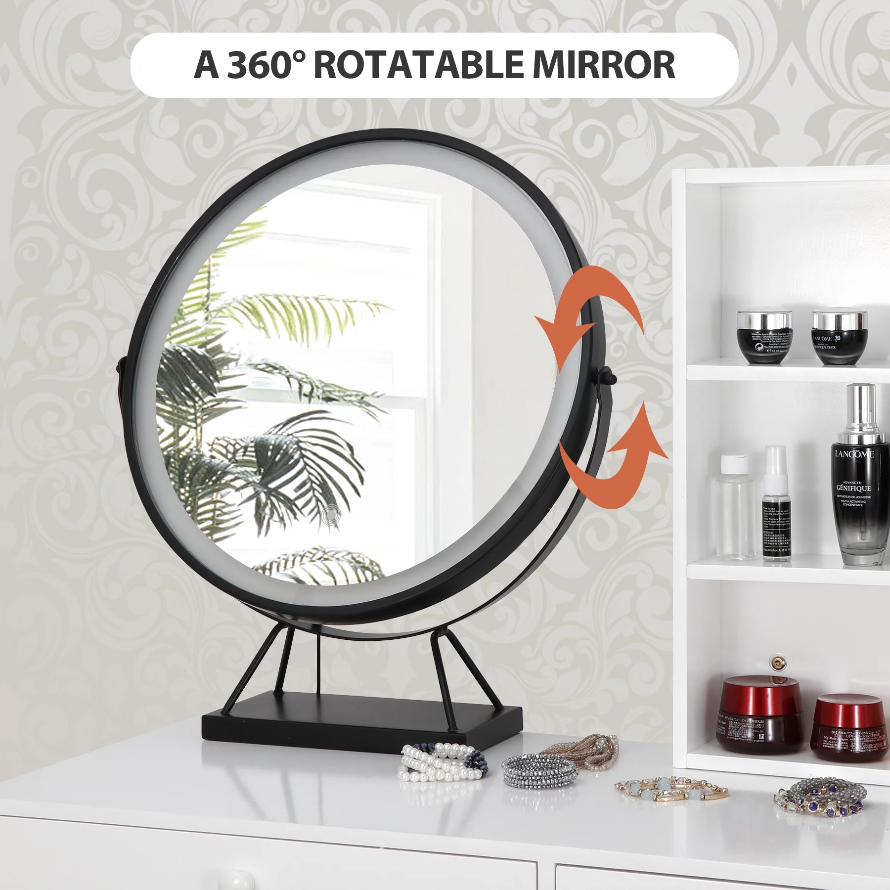 Lafuria vanity set with lighted mirror,Make up vanity dressing table with cushioned stool set in black and white