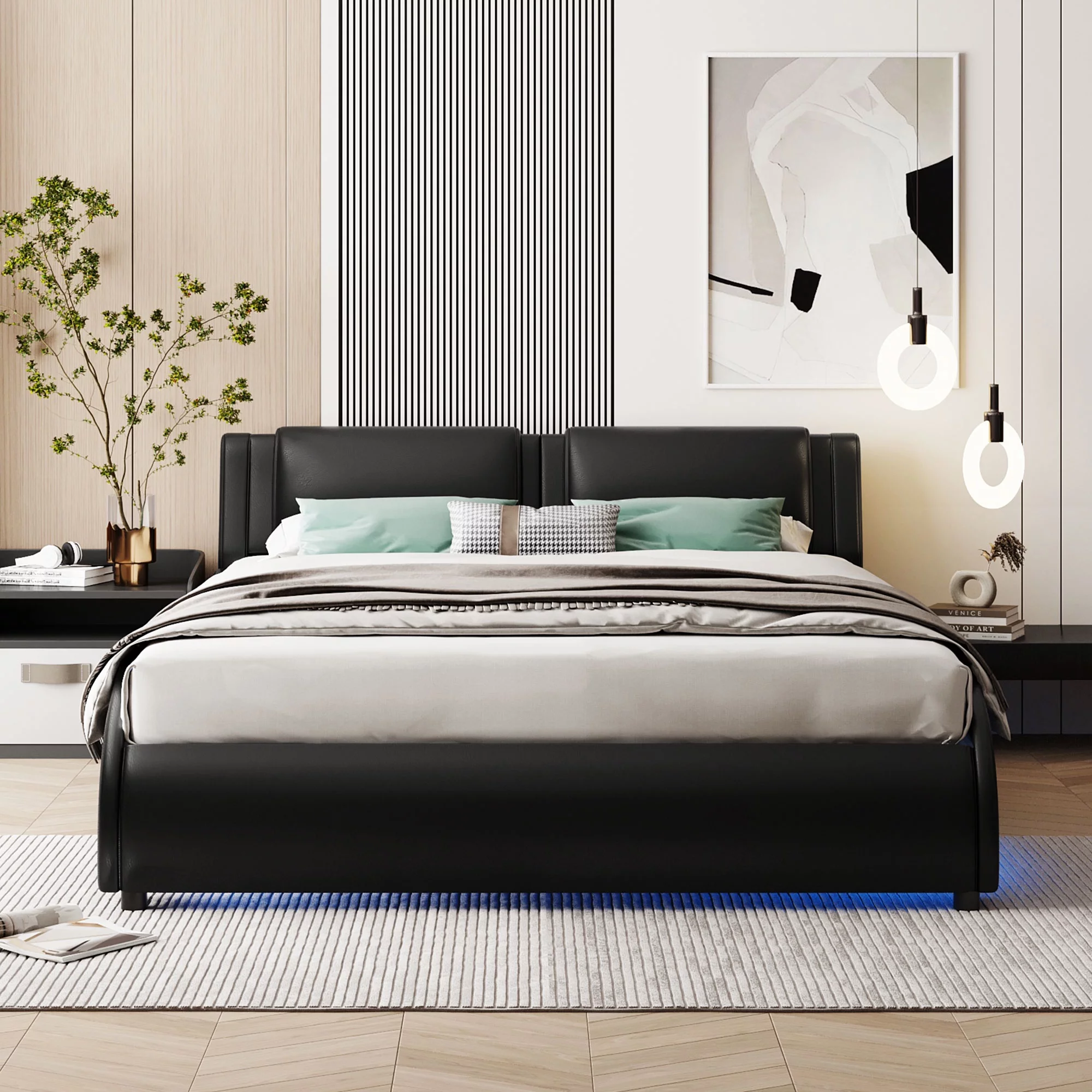 Bellemave Full Size Upholstered Platform Bed with LED Lights Underneath,Faux Leather Platform Bed Frame with Headboard and Slatted for Bedroom(Full