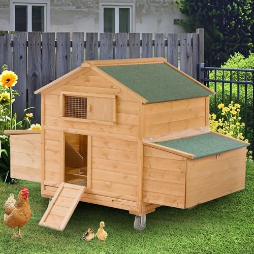 Mobile Chicken Coop with Wheels, Large Hen House with Nesting Boxes,Portable Chicken House for 4-6 Chicken,Wooden Poultry Cage,Waterproof Rabbit Cage