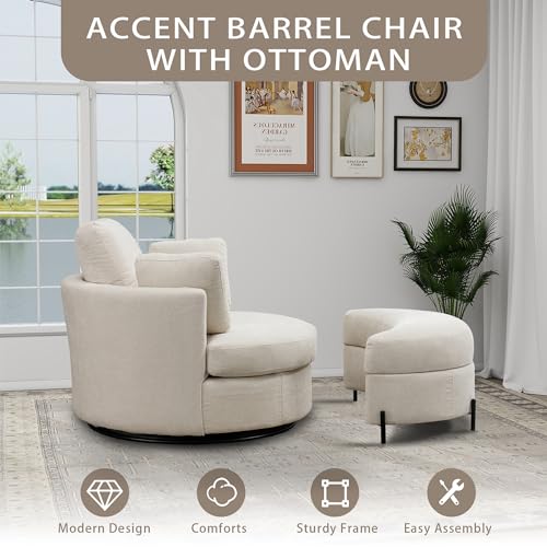 Chifee & Vingol 42.2" Oversized Swivel Accent Chair Round Barrel Chair,Chenille,Beige